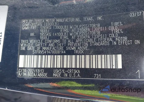 2007 Toyota Tundra Sr5 V8 из США, поврежденный, VIN 5TFRV54147X008144